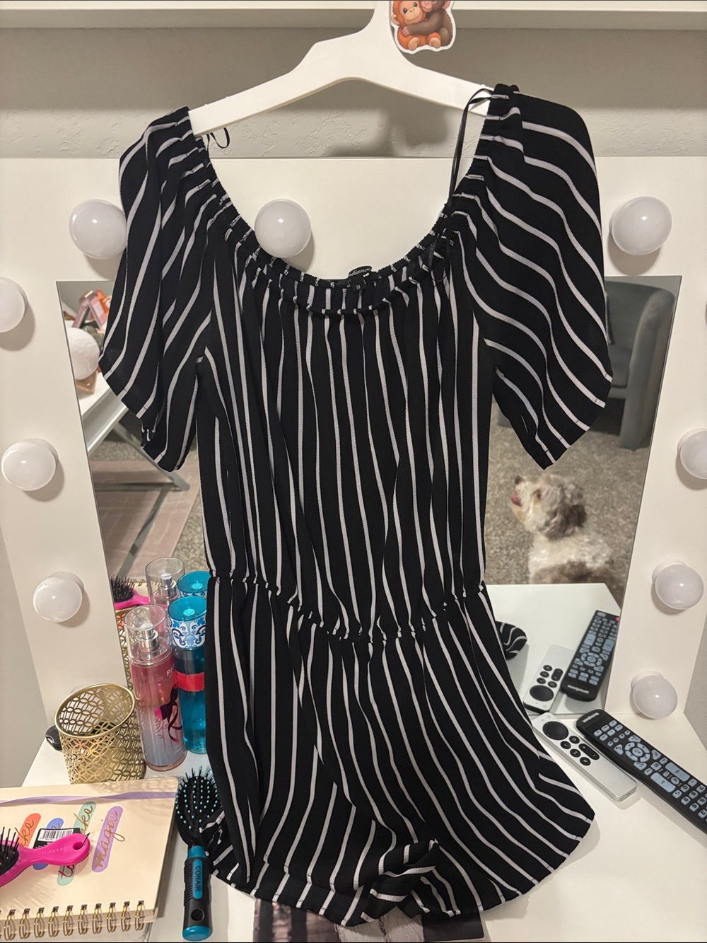 Ambiance Black and White Vertical Stripe Off-Shoulder Romper Medium